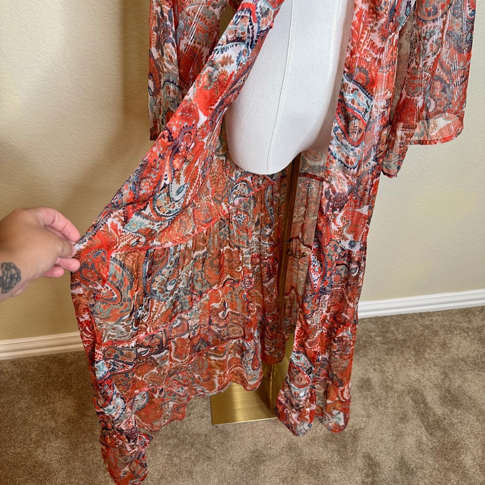 By Anthropologie Paisley Maxi Kimono Duster Metallic Sheer Red Blue One Size - Picture 3 of 9